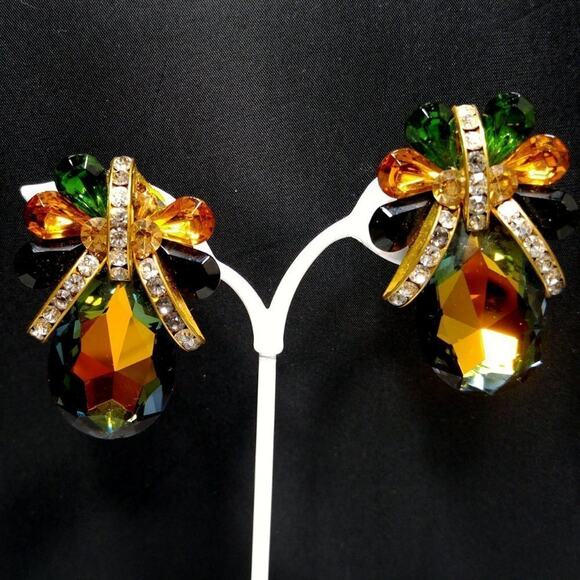 Vintage Austrian Crystal Handset Clip Earrings, New on Card, 1 7/8 Inches - Picture 3 of 5